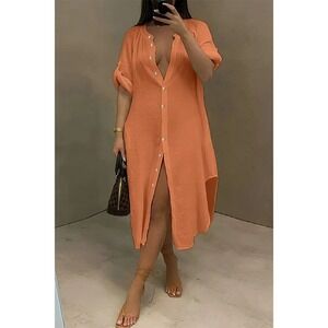 Flamingo Button Front Midi Shirt Dress Womens L Orange Cotton NWT Curvy Cover Up